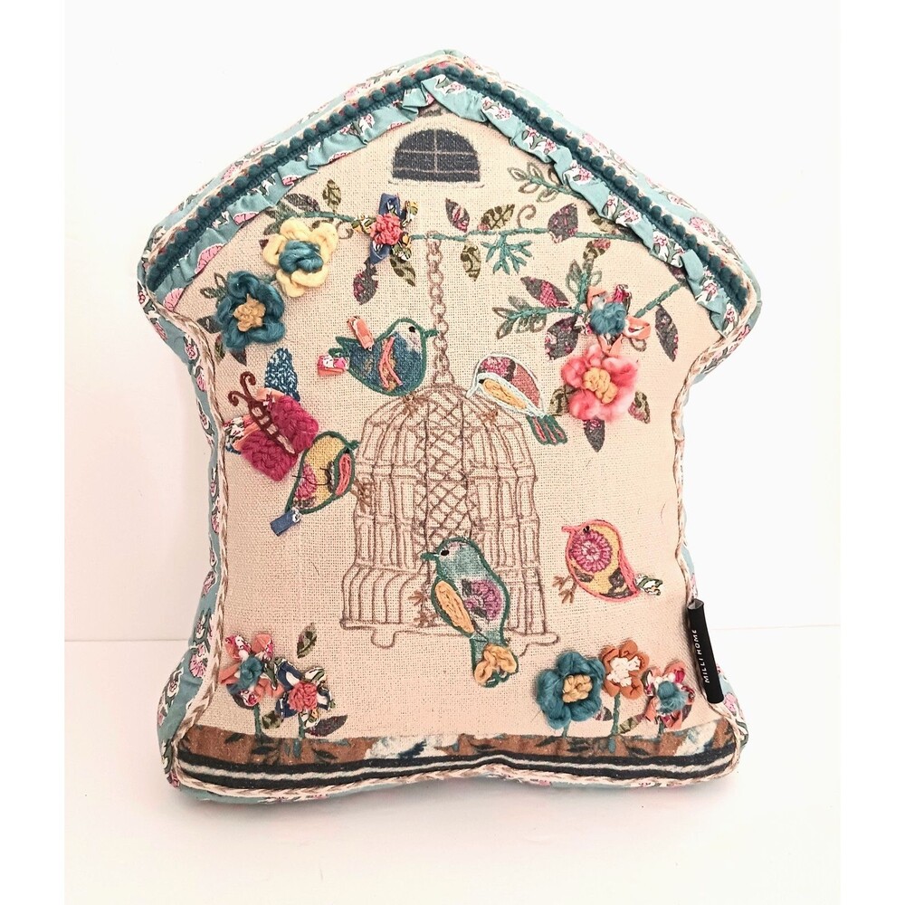 Milli Home Embroidered Birdhouse Accent Pillow Cottage Core Yarn Flowers Shaped